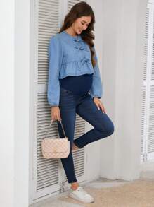 SHEIN Maternity Autumn Casual Ruffle Hem Cropped Denim Top