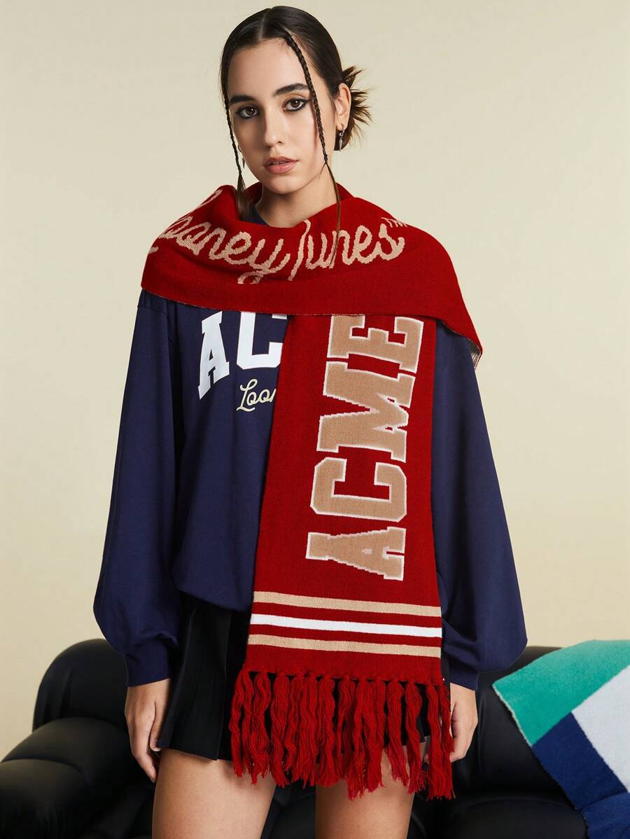 LOONEY TUNES X SHEIN 1 件红色字母加厚保暖流苏围巾 - 紅色 - 查看 1