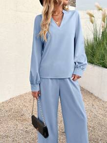 INAWLY 2 pièces ensemble Top décontracté à manches longues et col en V de couleur unie et pantalon pour femmes