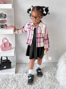 SHEIN Explorewe 2 piezas/set Camisa a cuadros y vestido de tela suave de punto para niñas bebé, estilo callejero retro casual, adecuado para otoño-invierno, actividades al aire libre, escuela - Rosa - Ver 3