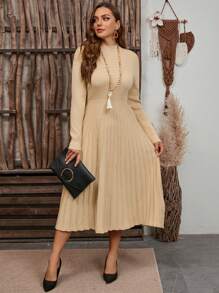 SHEIN Clasi Plus Size Solid Color Stand Collar Long Sleeve Simple Long Sweater Dress Daily Leisure, For Winter - Apricot - View 7