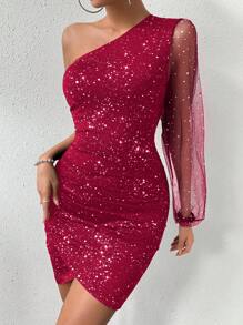 Rafferiza 女式春夏派对亮片网纱透明袖金属面料紧身单肩连衣裙新年服装红色闪光连衣裙红色闪亮连衣裙单肩连衣裙红色亮片连衣裙闪亮华丽连衣裙 - 紅色 - 查看 5