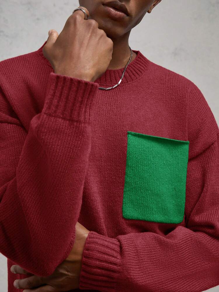 Men's Loose Knitted Crew Neck Drop Shoulder Casual Long Sleeve Sweater, Color Patchwork Wine Red, Suitable For Autumn & Winter