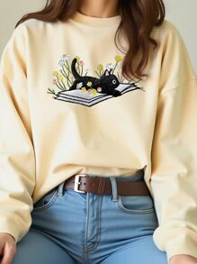 INAWLY 女士宽松猫咪刺绣圆领插肩长袖运动衫 - 杏色 - 查看 1