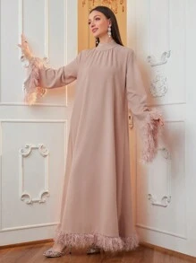 Al Najma 女士蓬松拼布宽松优雅阿拉伯连衣裙，优雅朴素长袖卡夫坦阿拉伯连衣裙，适合晚会/婚礼嘉宾/周年纪念 - 粉色 - 查看 5