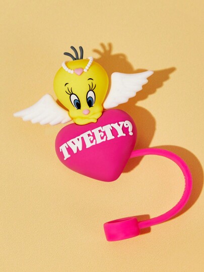 LOONEY TUNES X SHEIN 1 pieza de 0,3 pulgadas de diámetro Funda para pajita con Tweety y corazones, tapa para pajita reutilizable a prueba de polvo (pajita no incluida)