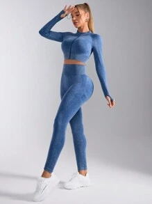 2pcs/Set Long Zip Up Fitted Athletic Outfit With High Waisted And Butt Lifting Design - Blue - View 6