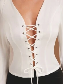L'Amorae 1pc Women's Solid Color Eyelet Tie Design Inset Long Sleeve Fashion Top, Autumn - White - View 3