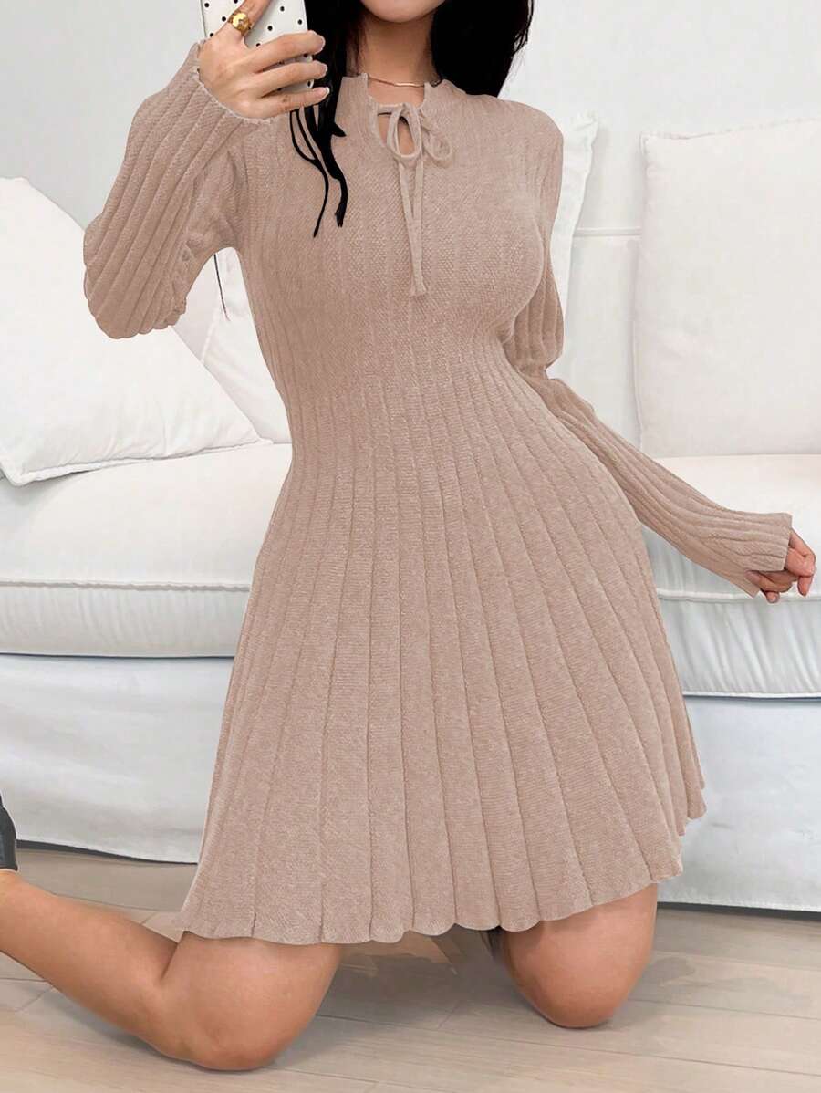 Lunelith SHEIN Lunessa Vestido de suéter ajustado para mujeres con cuello en V, con cordones en la cintura y corte evasé de un solo color