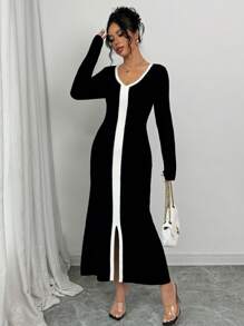 Selianne Elegant Black & White Color Blocking Women Knitted Sweater Dress, Autumn/Winter - Black and White - View 3