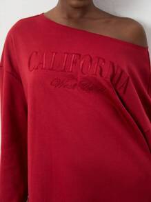 Flirla 1pc Women Asymmetrical Letter Embroidered Shoulder Sweatshirt, Simple Red Pullover Long Sleeve Tops For Autumn/Winter