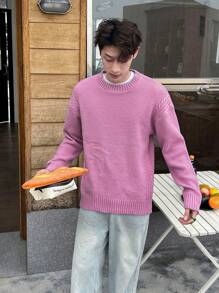 Manfinity Hypemode Men Solid Crew Neck Casual Pullover Sweater - Dusty Pink - View 5