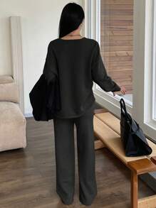 DAZY 2pcs/Set Women Solid Color Crew Neck Long Sleeve Sweater Top And Wide Leg Pants Casual Knit Suit