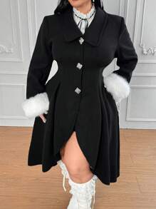 Flirla Women Plus Size Asymmetrical Hem Turtleneck Casual Elegant Mid-Length Black Coat, Warm And Cozy For Autumn/Winter Fall Cloth For Women - Black - View 6