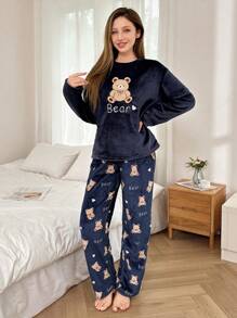Women 2pcs Plush Bear Embroidery Allover Print Long Fluffy Pajama Set, Autumn/Winter, Fall Winter Clothes