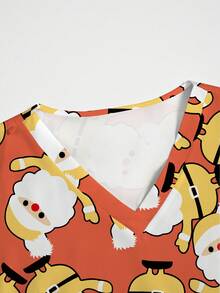 PopScrub 女士时尚圣诞老人印花短袖制服手术服上衣，适合圣诞节 - 橘色 - 查看 3