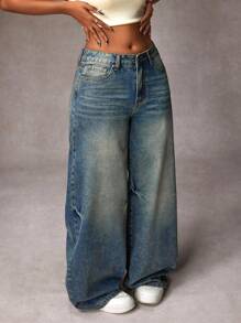 Quần jeans ống rộng cạp thấp cổ điển, giặt thường ngày dành cho nữ - Rửa tối - Xem 6