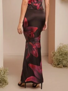 L'Amorae Women's Elegant Floral Print Fishtail Hem Skirt For Summer - Black - View 5