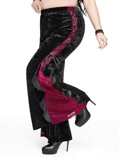 Plus Size Palace Style Goth Lady Party Contrast Lace Contrast Color Bowknot Velvet Flare Pants