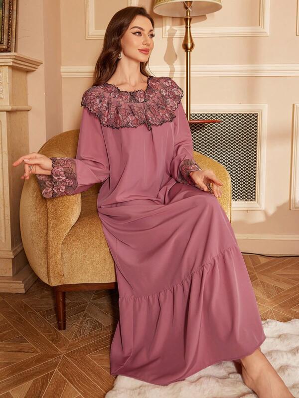 PalaceNights Rochie lungă elegantă, stil vintage palat, cu dantelă brodată, pentru femei, pijamale de toamnă, lenjerie de pat luxoasă, pijamale de vacanță