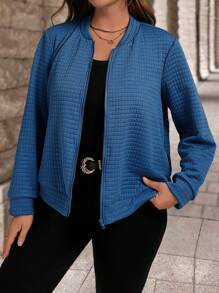 SHEIN LUNE Plus Size Women Warm Blue Plaid Pattern Casual Work Zip-Up Jacket, Autumn/Winter