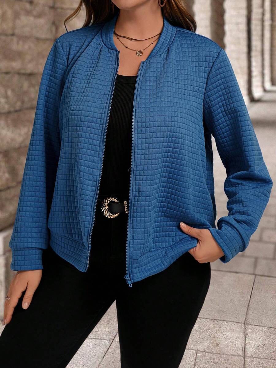SHEIN LUNE Plus Size Women Warm Blue Plaid Pattern Casual Work Zip-Up Jacket, Autumn/Winter