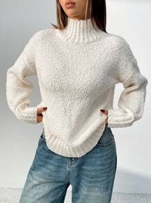 Chiquease 1 قطعة كنزة صوفية نسائية كاجوال بلون أحادي ذات كتف منخفض وياقة عالية، مناسبة للخريف والشتاء، بتصميم محبوك - بيج - مشاهدة 7