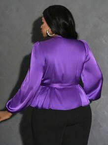 Slaydiva 奢华优雅女式大码系带 V 领不对称下摆衬衫 - 紫色 - 查看 2