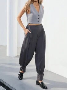 SHEIN Privé Women's Casual Business Simple Fashion Slant Pockets Loose Pants Fall Cloth For Women - Grey - View 4