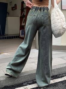 DAZY 女式休闲做旧水洗抽绳腰阔腿牛仔裤