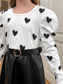 SHEIN Leap Crew فستان بنمط قلب مصنوع من الأكريليك بأكمام طويلة وياقة مستديرة، مع قطع من البولي يوريثان في الأسفل بتصميم خط A مع حزام، مناسب للارتداء اليومي، العودة إلى المدرسة، المناسبات غير الرسمية، للارتداء في فصلي الخريف والشتاء، مناسب لارتداء في عيد الميلاد