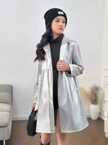 SHEIN Tween Girls' Casual Loose Minimalist Fashion Raglan Waist PU Leather Trench Coat