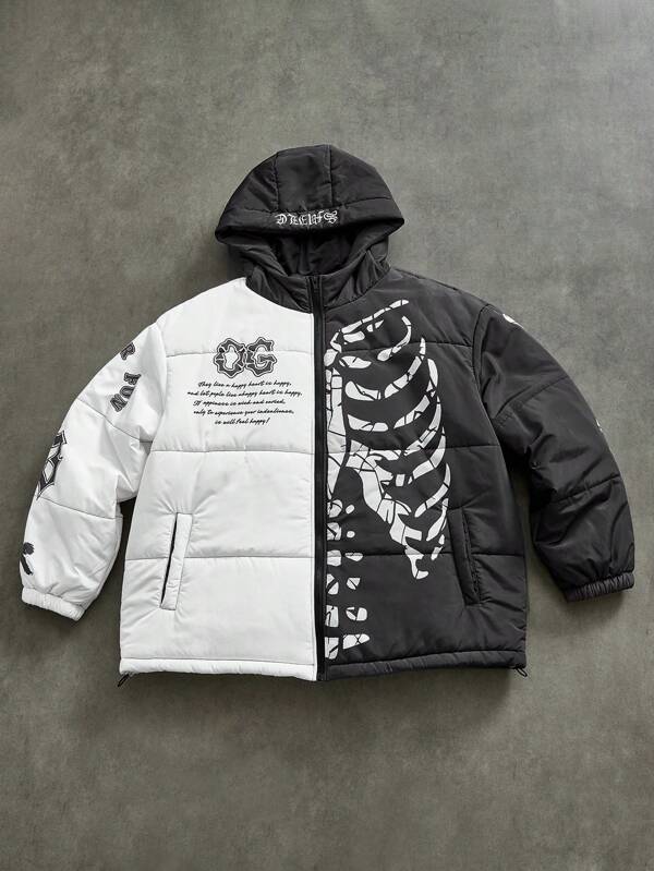Manfinity Roughcore Men's Solid Color Patchwork Front Zipper Long Sleeve Print Pocket Simple Casual Hooded Coat, Plus Size