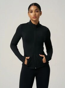 SHEIN Sports Women's Solid Color Front Zip Long Sleeve Casual Fleece Jacket