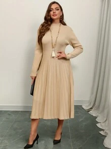 SHEIN Clasi Plus Size Solid Color Stand Collar Long Sleeve Simple Long Sweater Dress Daily Leisure, For Winter - Apricot - View 8
