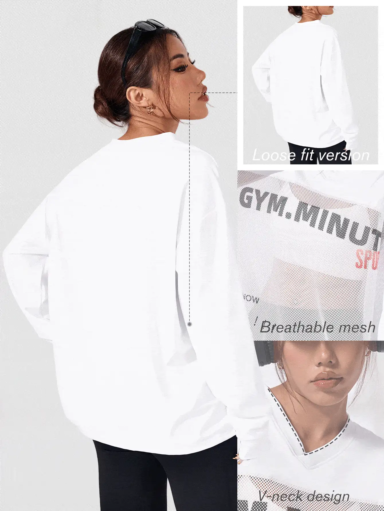 Camiseta deportiva para mujer con escote en V sexy y manga larga transparente, de corte holgado y casual para yoga, correr, entrenamiento - Blanco - Ver 2