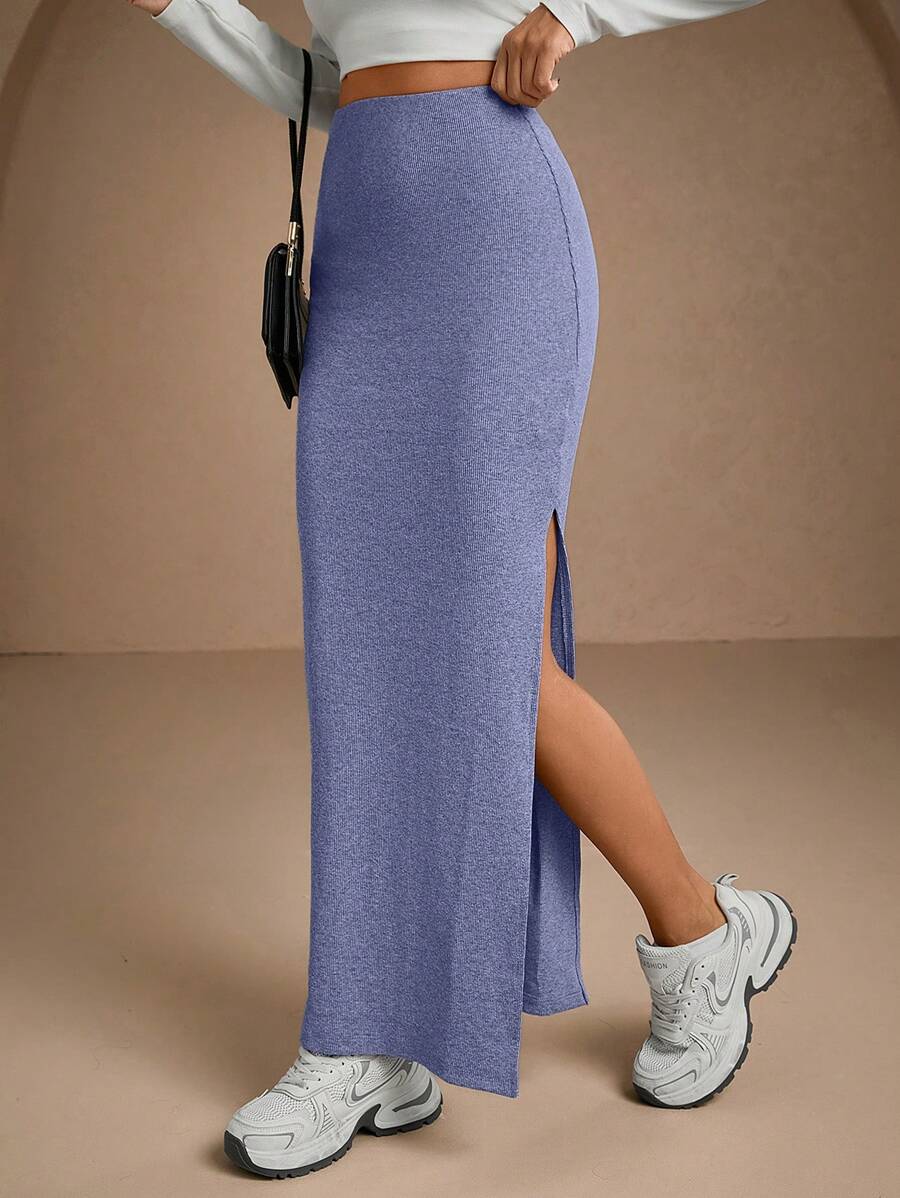 EURMUSE Women Solid Color Slit Detailed Tube Skirt - Lilac Purple - View 1