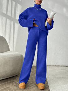 EURMUSE 2 peças/conjunto suéter de gola alta de cor sólida, manga comprida, top e calças - Azul Real - Ver 4