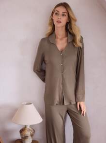 Ocili Ocili Leisure Women Plain Front Button Closure Long Sleeve Top And Long Pants Loungewear Set