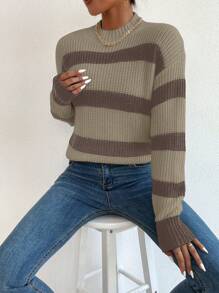 SHEIN Unity Suéter casual de hombros caídos con rayas de color contrastante, jersey de punto de otoño/invierno - Multicolor - Ver 6