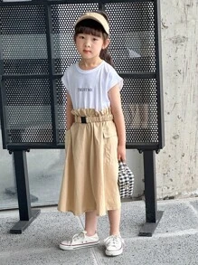 SHEIN Robe kaki décontractée pour jeune fille sans manches avec poche et bloc de couleurs contrastantes, été - Kaki - Voir 5