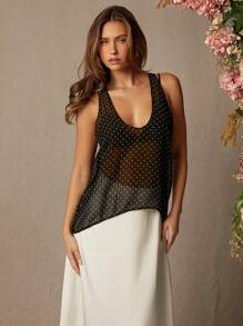 L'Amorae Polka Dot Print Oversized Round Neck See-Through Sleeveless Tank Top - Black - View 6