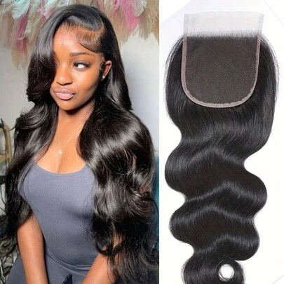 Cierre de encaje transparente con onda corporal de 4x4 para pelucas, de cabello humano Remy previamente desbarbado, atado a mano, color natural, versatil para adaptarse a todos los tonos de piel, de 8 a 22 pulgadas