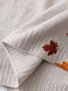 Linhara Plus Size Fall Crew Neck Long Sleeve Maple Pattern Casual Sweater, For Winter Knit Pullover - Apricot - View 7