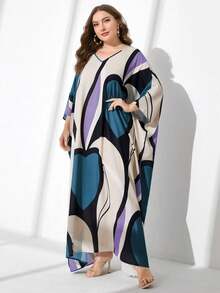 Al Najma 大码休闲拼色印花蝙蝠袖长款阿拉伯朴素连衣裙 - 彩色 - 查看 5