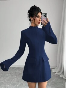 Elenzga 女式优雅纯色翻盖细节迷你连衣裙，秋季