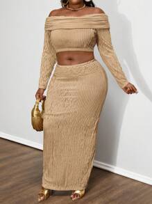 Maweii Conjunto de 2 piezas de blusa de manga larga con hombros descubiertos y falda en unicolor talla grande, elegante