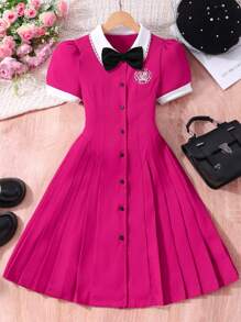 SHEIN Váy xếp ly tay bồng phong cách đại học Anh cho bé gái tuổi mới lớn màu khối - Hồng - Xem 1