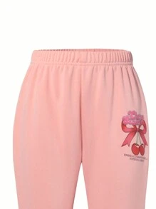 青少年女孩休闲时尚蝴蝶结印花连帽运动衫和松紧腰喇叭裤两件套 - 粉色 - 查看 5