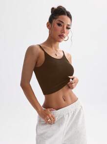 Easithlete 纯色露背吊带背心，无袖运动背心，夏季 - 咖啡棕 - 查看 5